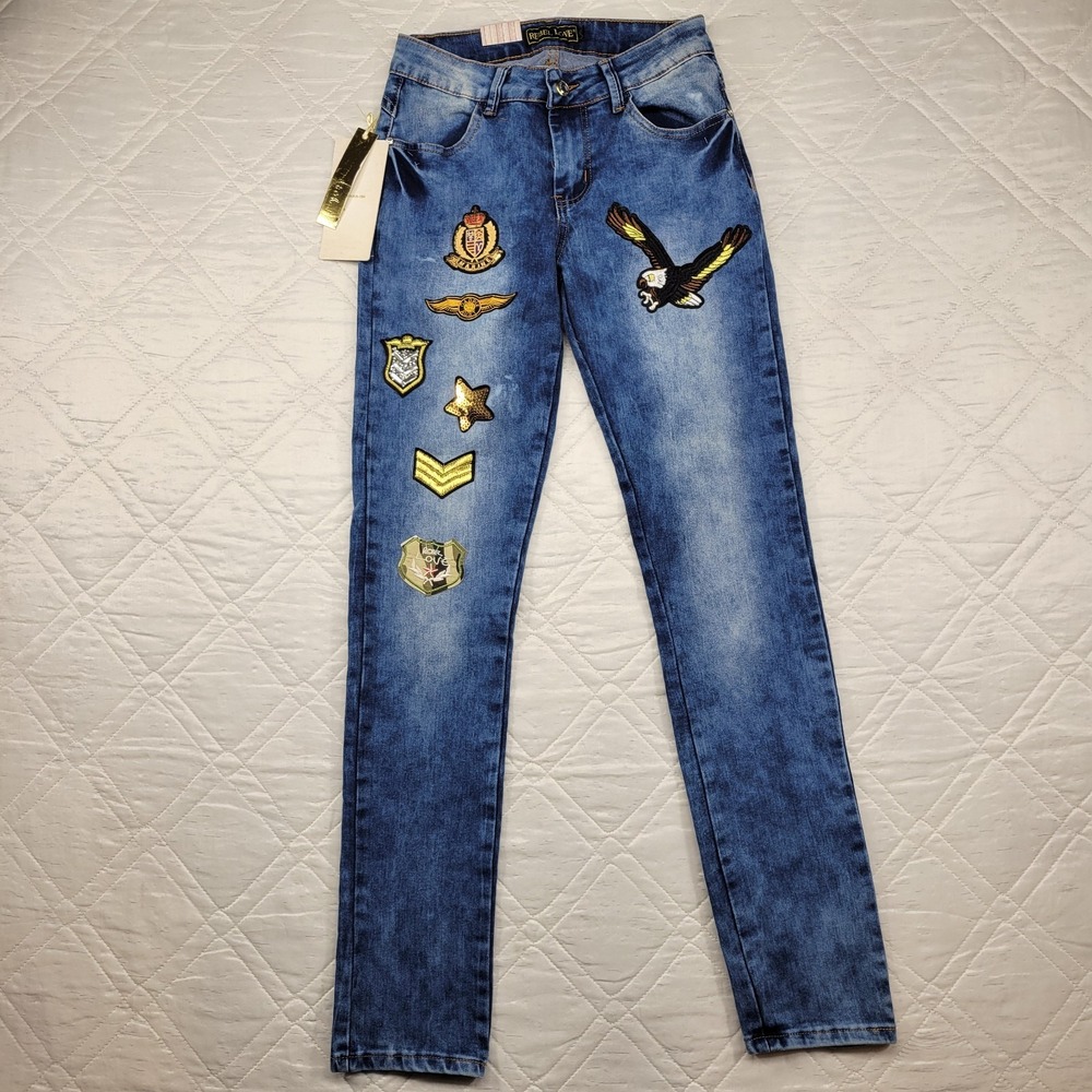 Rebel Love Patch Work blue jeans size 7/8 nwt‎